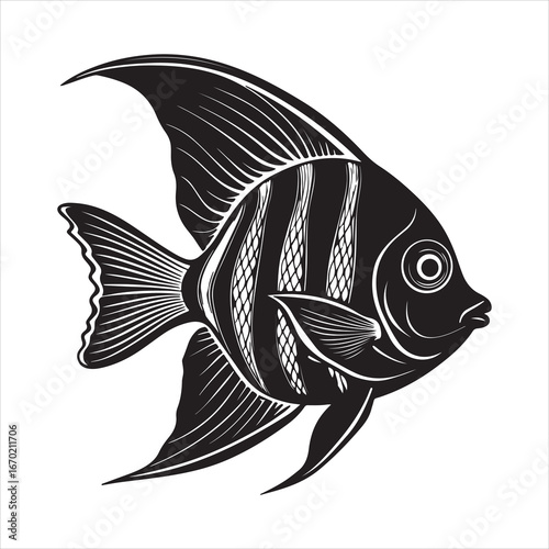 A Graceful Macro Close-up of an Angelfish, a Majestic and Unique Freshwater Fish with a Triangular Body and Elegant, Flowing Fins