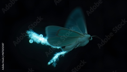 Glowing moth flying in darkness with ethereal blue light  