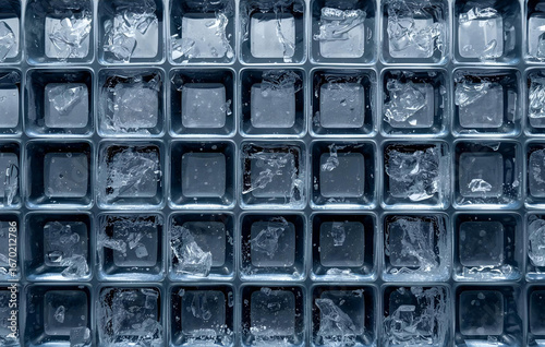 Melting ice cubes arranged in a perfect geometric grid.