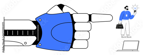 Robotic hand pointing at a businessman holding a bright idea with a laptop nearby. Ideal for AI innovation, teamwork, technology adoption, creativity, decision-making, business solutions, simple flat