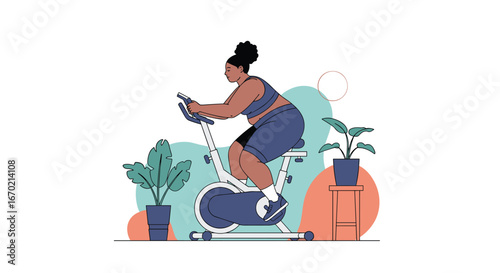 Fit woman riding stationary bicycle indoors enjoying her workout session in a modern gym environment