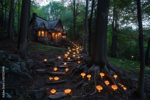 An enchanted woodland cottage with fairylike glowing mushrooms, winding roots, and twisted old trees 