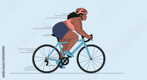 Plus size woman enthusiastically cycling outdoors on a sunny day enjoying the fresh air
