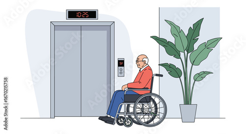 Elderly man in wheelchair waiting for elevator in modern building lobby next to potted plant
