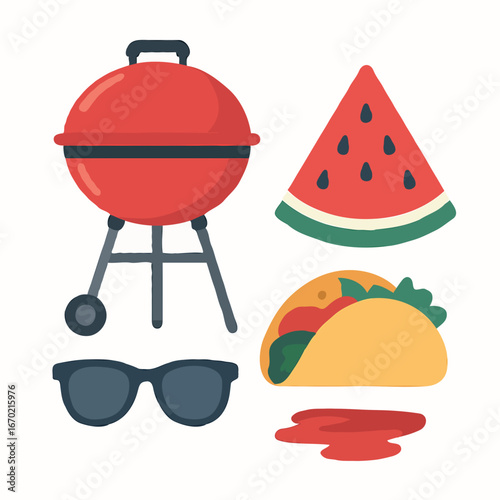 Flat design summer party essentials: BBQ grill, watermelon, taco, sunglasses, spill.