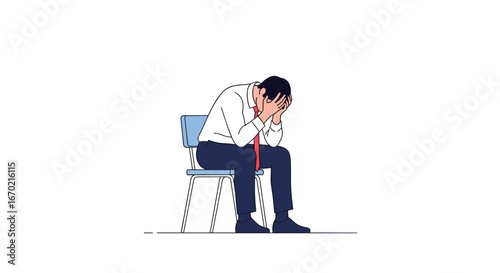 An overwhelmed businessman sits in a chair with his head in his hands experiencing stress and anxiety
