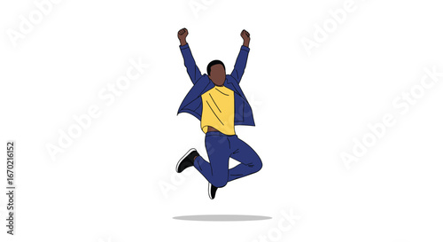 Excited person jumping with arms raised in celebration of a great achievement or success