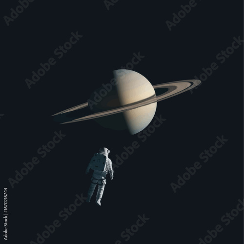 Astronaut floating in deep space gazing towards the ringed planet Saturn