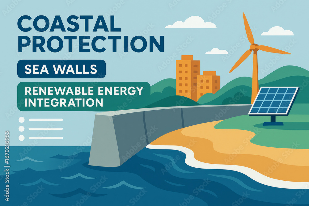 Naklejka premium Coastal protection illustration featuring sea walls, renewable energy integration with wind turbine and solar panel, and scenic landscape with buildings and ocean
