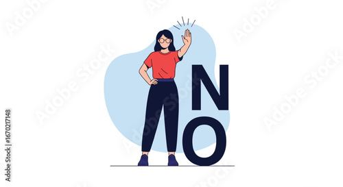 A woman saying no with a gesture of disagreement and a large no text visualizing refusal