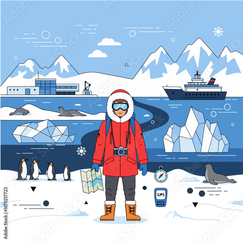 A male explorer or traveler standing in a polar landscape, wearing warm clothing and goggles, ready for a cold weather expedition, with a cruise ship, majestic mountains, and icy scenery in the serene