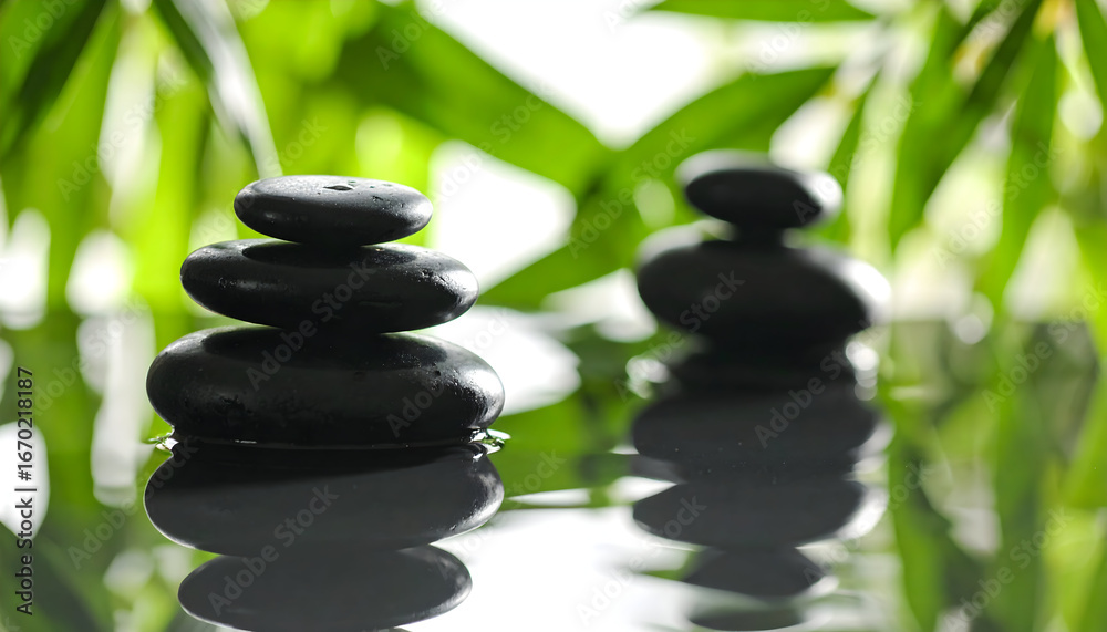 Obraz premium Black Stones Stacked on Water With Bamboo Leaves
