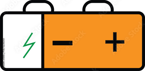Car battery icon with positive and negative terminals representing automotive power supply, energy storage and electricity source with transparent background