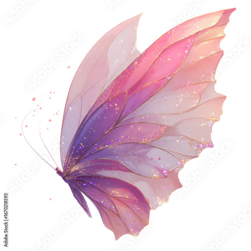 Vibrant pink and purple butterfly with delicate golden sparkles and veins on transparent background