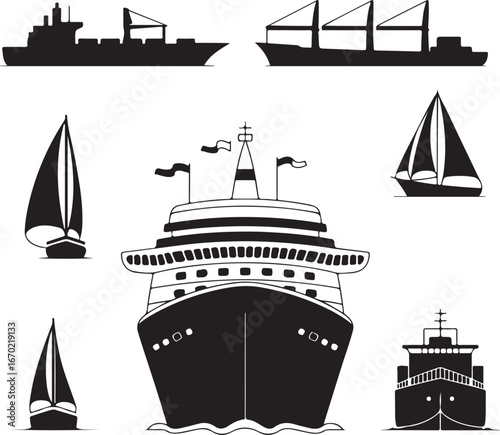 Ships, boats, cargo, logistics and shipping icons