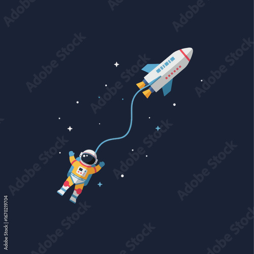 Astronaut Tethered to Rocket in Space Floating Amongst Stars