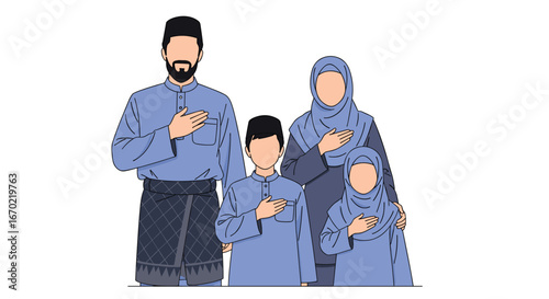 A muslim family standing together with hands on their hearts in a united greeting celebrating their faith and heritage with love and respect
