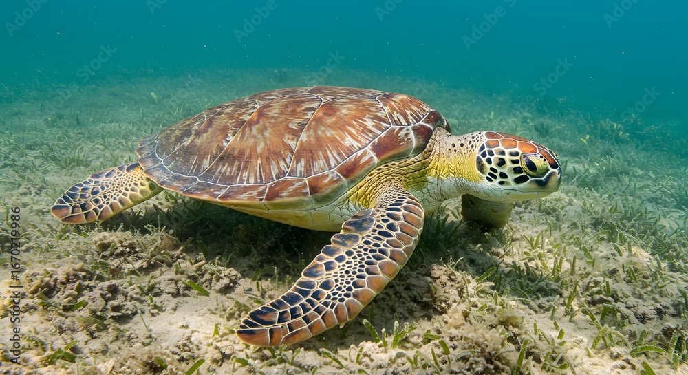 Fototapeta premium Sea turtle underwater seagrass bed