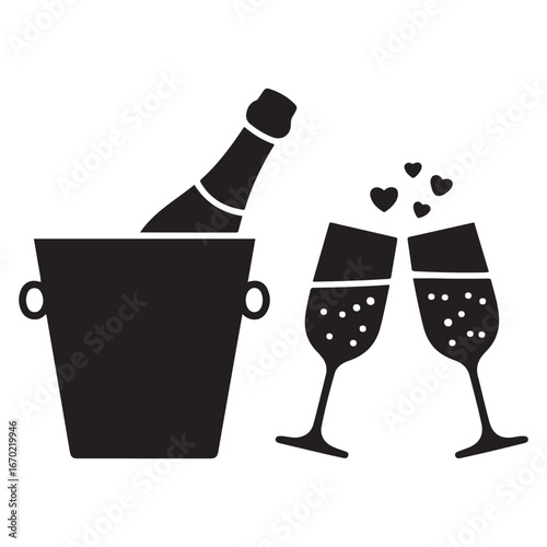 Champagne in ice bucket and two glasses solid icon, Wine festival concept, Romantic dinner sign. Vector black silhouette. with white background