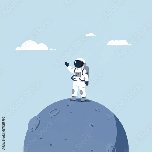 Astronaut waving from a blue moon with white clouds in the sky