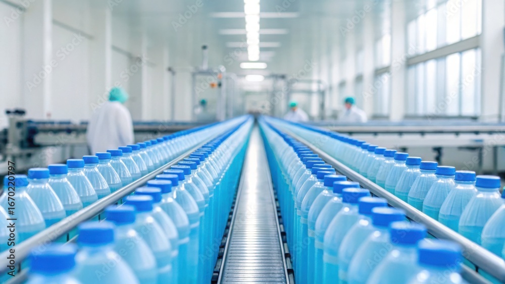 Fototapeta premium Bottled Water Production on Conveyor Belt in Modern Facility