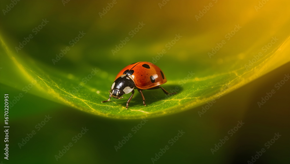 Fototapeta premium Artistic macro portrait of a single ladybug on a vibrant green leaf