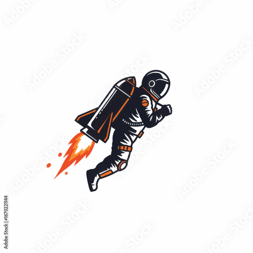 Retro Astronaut Soaring with Rocket Pack Orange Accents and Dynamic Flame
