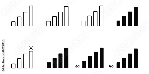 Cellular Network Signal Strength Icons Set, Full, Weak and No Connection with 4G, 5G, Bars, Vector Illustration