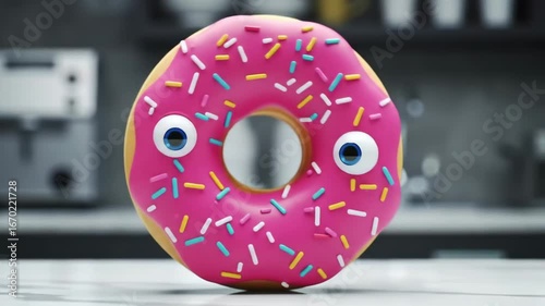 Animated Donut with Sprinkles and Googly Eyes on Kitchen Counter