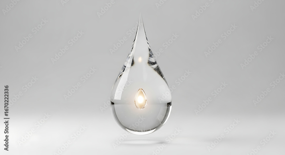 Fototapeta premium Clear transparent water drop with glowing golden essence inside pristine liquid element.