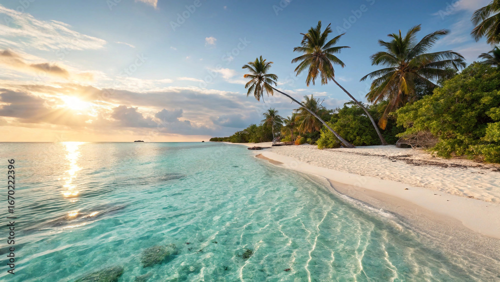 Fototapeta premium Tropical island beach with palm trees at sunset and clear turquoise water