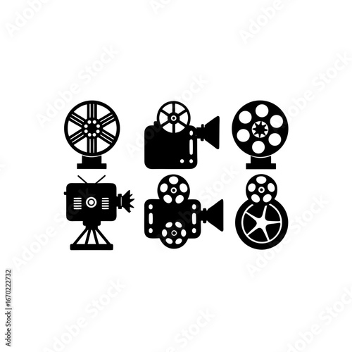 6 different film projector silhouette vector icons