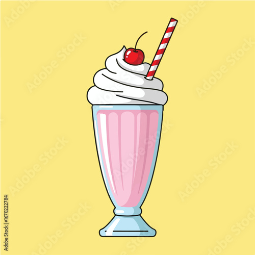 Cartoon illustration of a pink milkshake in a glass with whipped cream, cherry, and a striped straw against a yellow background.