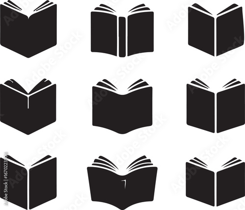 silhouette Open black book side perspective drawing icons minimal back book notebook on the upside down outline laying