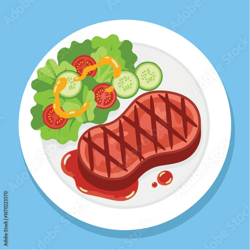 Illustration of a grilled steak with grill marks, served on a white plate with a fresh salad of lettuce, tomatoes, and cucumbers, drizzled with dressing.