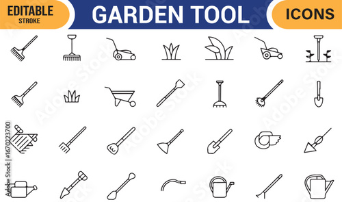 Editable Icons of Gardening Tools in Line Art Style