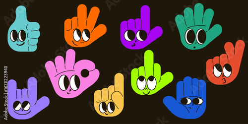Doodle hands set with funny faces. Finger heart, hello and okay shaped gesture hands mascot. Colorful vector illustration