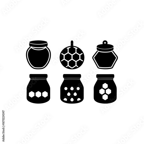 6 different honey jar silhouette vector icons set