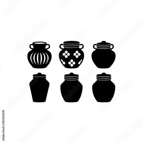 6 different honey jar silhouette vector icons set
