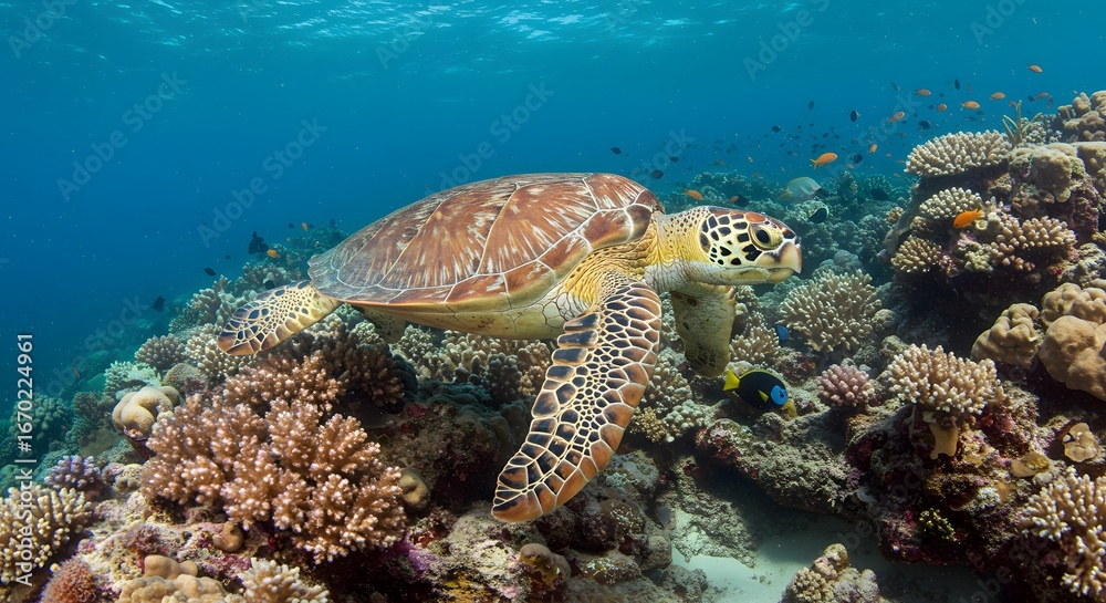 Fototapeta premium Sea turtle swimming among coral reefs