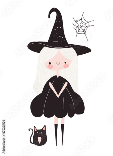 Little witch with cat, girl in black pumpkin costume and sorceress hat for Halloween, holiday masquerade. Cute cartoon vector illustration isolated on white background. Design for invitation, poster