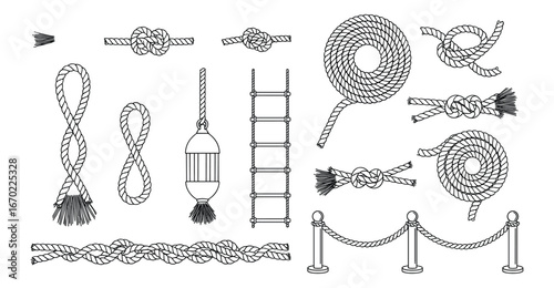 Collection of Rope Knots, Nautical Elements, Ladder, and Barrier Posts, Black and White Vector Illustration