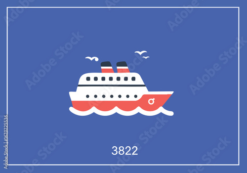 A flat design illustration of a red and white cruise ship sailing on blue water with two birds in the sky, set against a solid blue background.