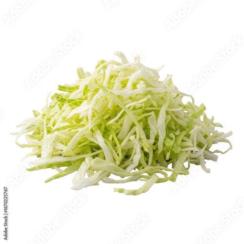A generous pile of finely shredded, crisp iceberg lettuce, light green to pale white, distinct natural strands, on a neutral transparent background, perfect taco ingredient concept