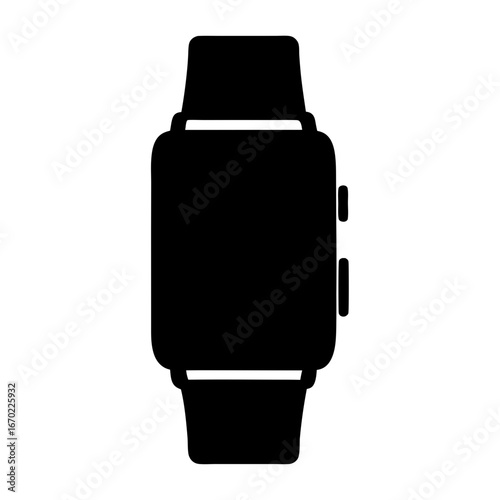 A stylized black and white vector illustration of a modern smartwatch device