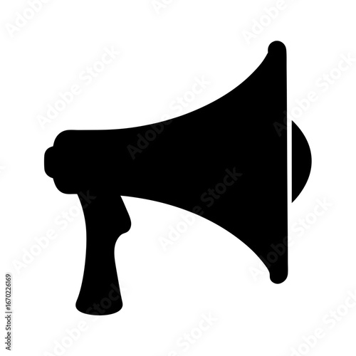 A black and white graphic of a megaphone with a simple design
