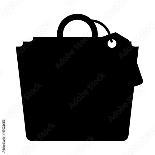 Black shopping bag silhouette with round handles and attached price tag