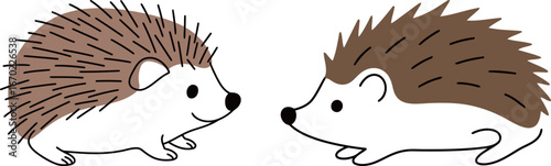 Adorable vector illustration of two hedgehogs facing each other with brown spikes and friendly smiles, perfect for a cute animal theme.