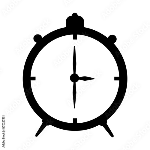 Black and white illustration of a simple vintage analogue alarm clock