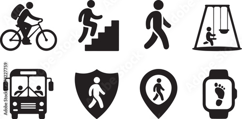 Solid style icons of urban active living bike to work, stair climbing icon, walking commute, park workout, transit and steps, active lifestyle badge, walkability score, step count tracker